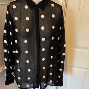 Zara Black Sheer Blouse with White Polka Dots